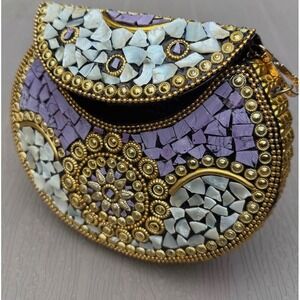 Ramla Bag Clutch Shoulder Bag Lavender Gold White Stone‎ Party Formal Event New